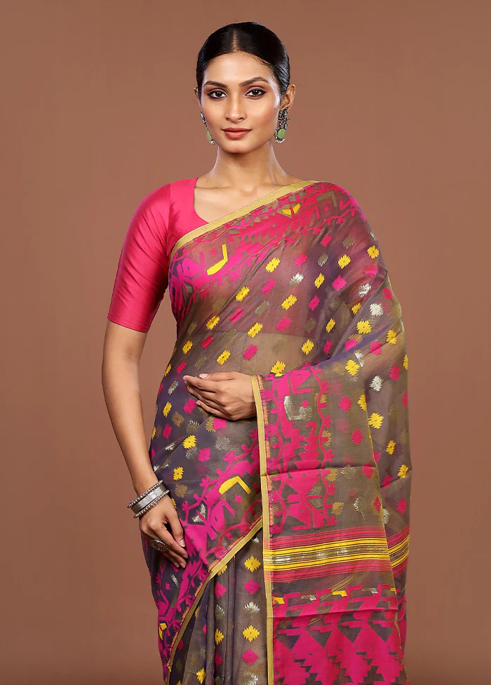 Blue Jamdani Cotton Saree Without Blouse Piece
