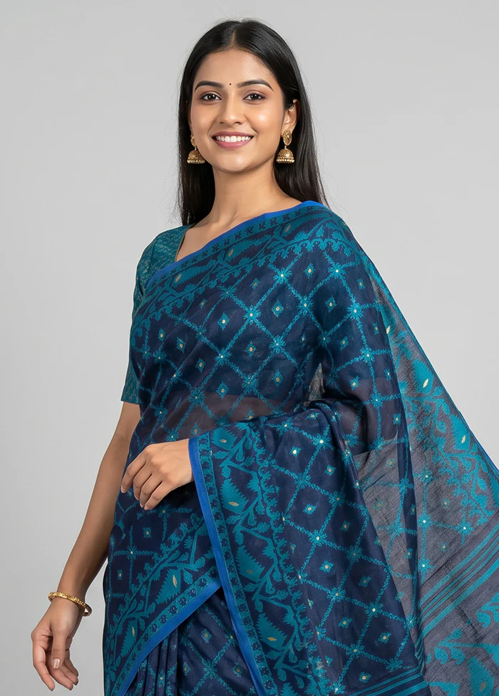 Blue Jamdani Cotton Saree Without Blouse Piece - Image 2