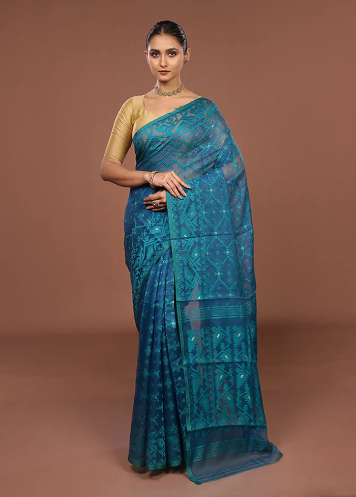 Blue Jamdani Cotton Saree Without Blouse Piece - Image 2