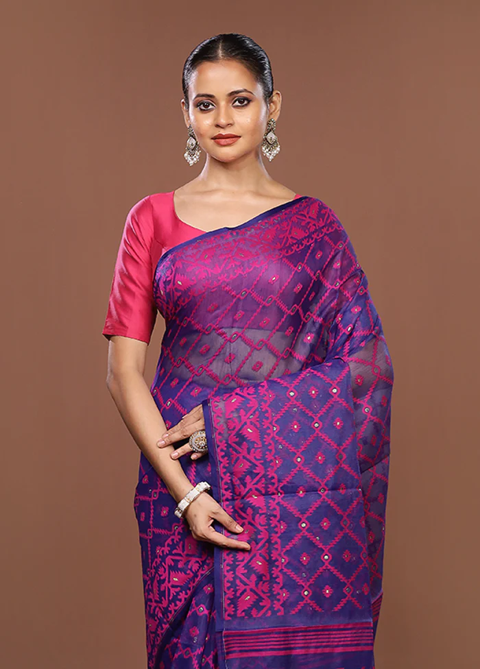 Blue Jamdani Cotton Saree Without Blouse Piece