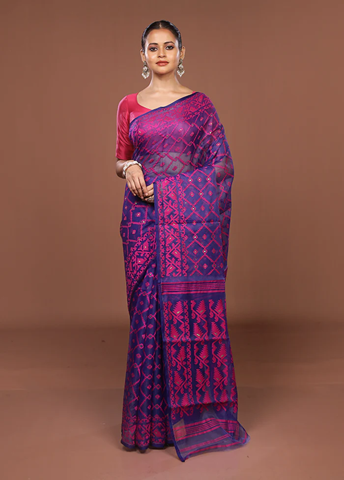 Blue Jamdani Cotton Saree Without Blouse Piece - Image 2