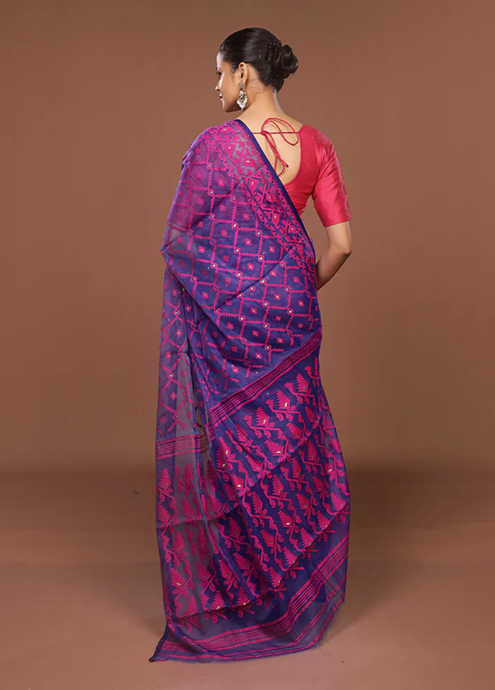 Blue Jamdani Cotton Saree Without Blouse Piece - Image 3