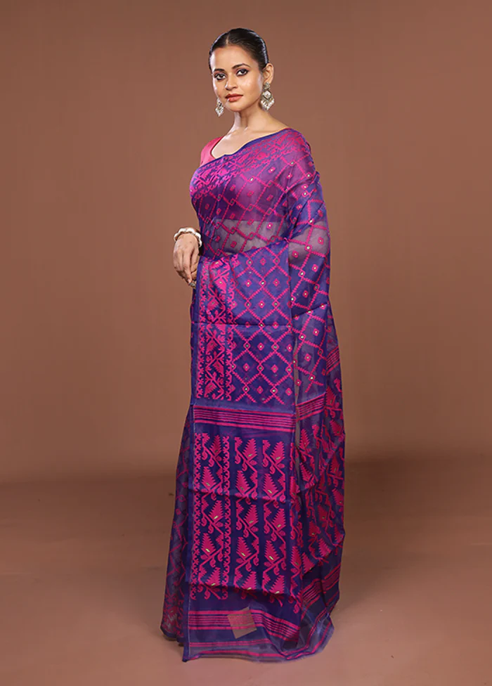 Blue Jamdani Cotton Saree Without Blouse Piece - Image 4