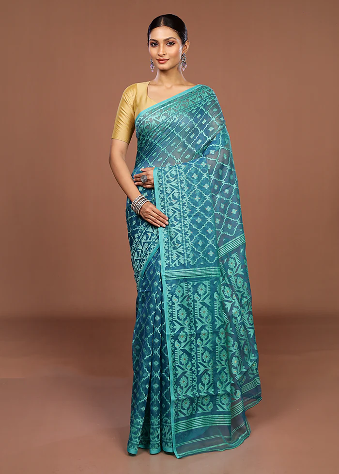 Blue Jamdani Cotton Saree Without Blouse Piece - Image 2