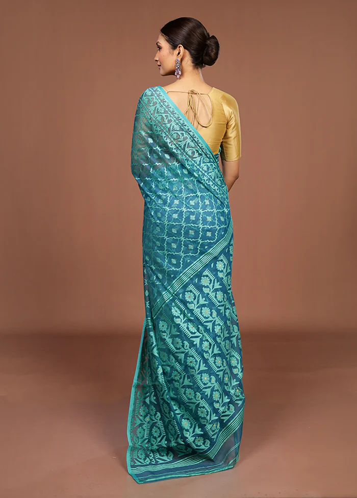 Blue Jamdani Cotton Saree Without Blouse Piece - Image 3