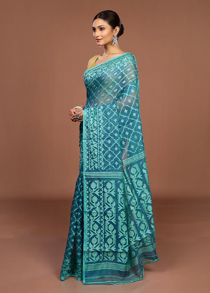 Blue Jamdani Cotton Saree Without Blouse Piece - Image 4