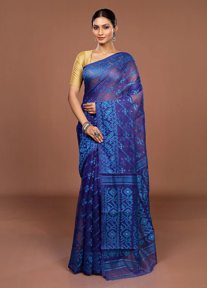 Blue Jamdani Cotton Saree Without Blouse Piece - Image 2