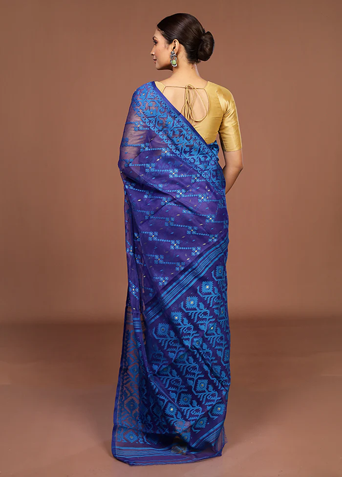 Blue Jamdani Cotton Saree Without Blouse Piece - Image 3