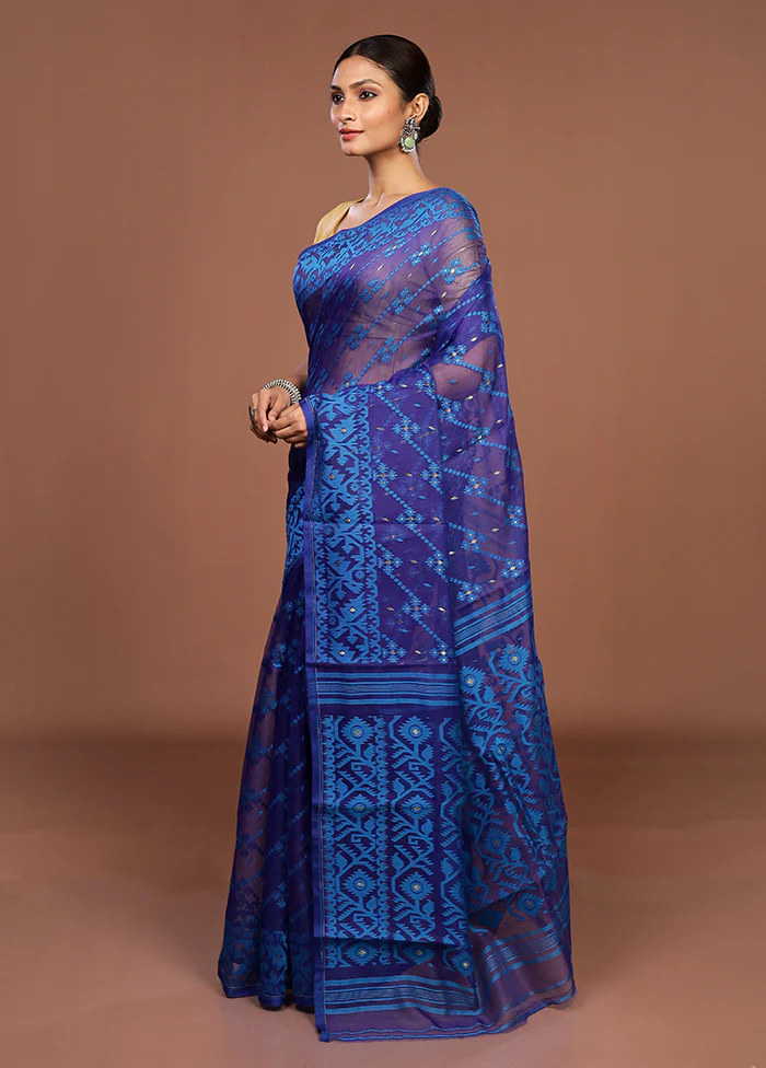 Blue Jamdani Cotton Saree Without Blouse Piece - Image 4