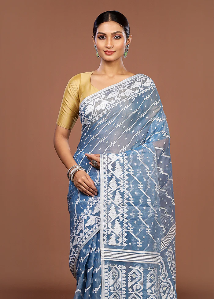 Blue Jamdani Cotton Saree Without Blouse Piece