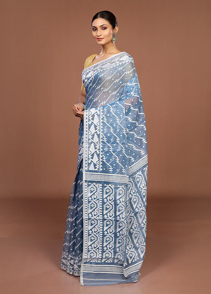 Blue Jamdani Cotton Saree Without Blouse Piece - Image 4
