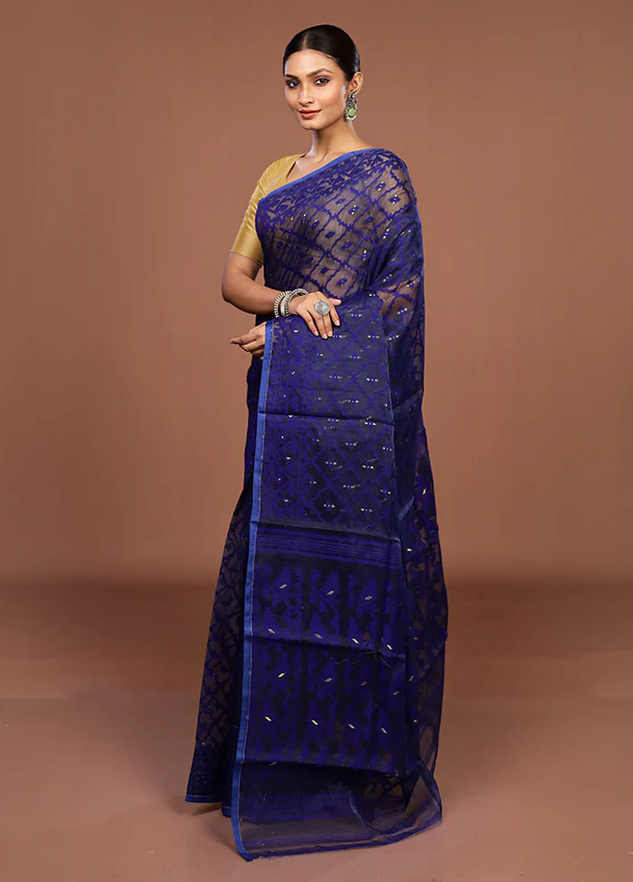 Blue Jamdani Cotton Saree Without Blouse Piece - Image 4