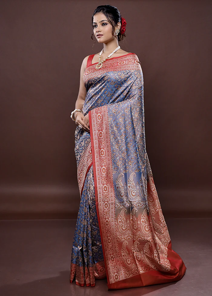 Blue Jamewar Banarasi Silk Saree With Blouse Piece - Image 5