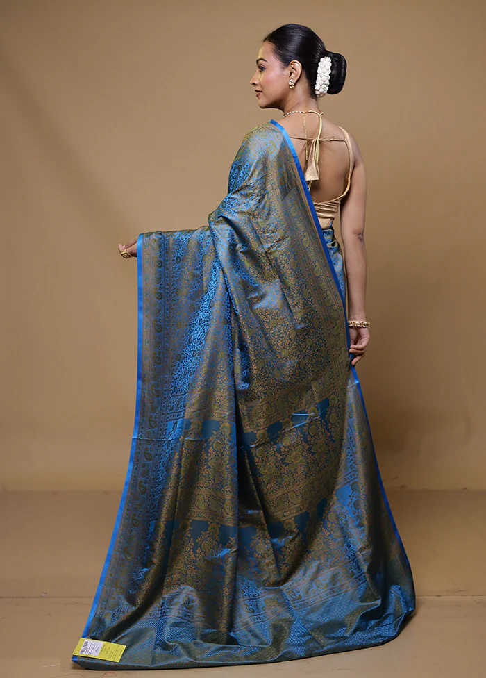 Blue Jamewar Silk Saree With Blouse Piece - Image 3