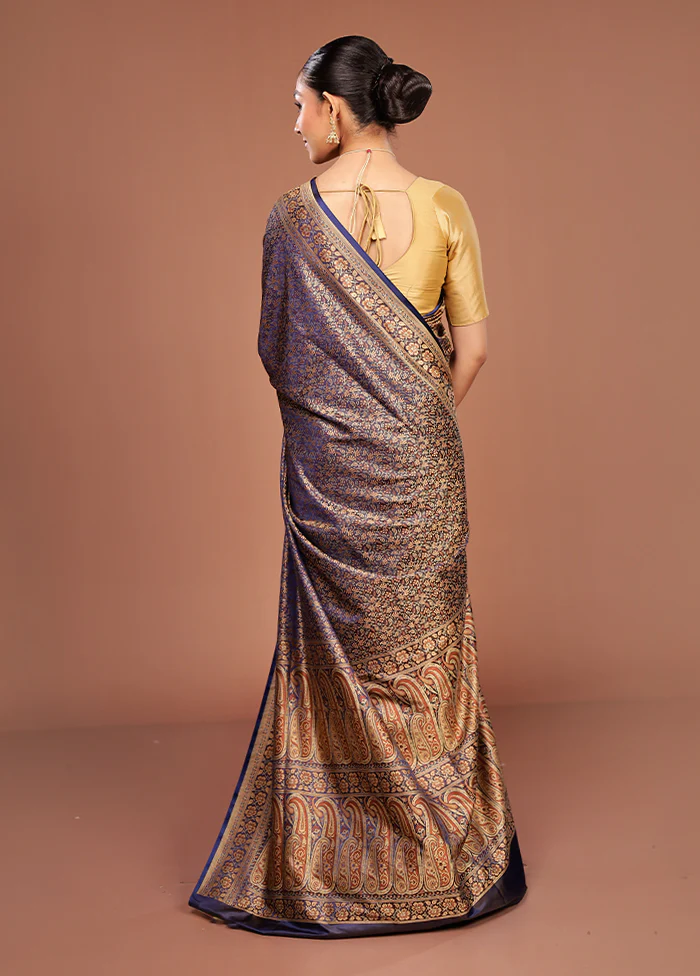 Blue Jamewar Silk Saree With Blouse Piece - Image 3