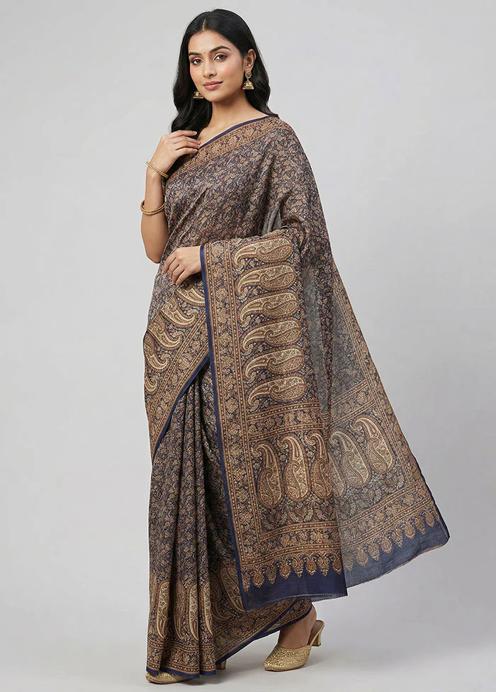 Blue Jamewar Silk Saree With Blouse Piece