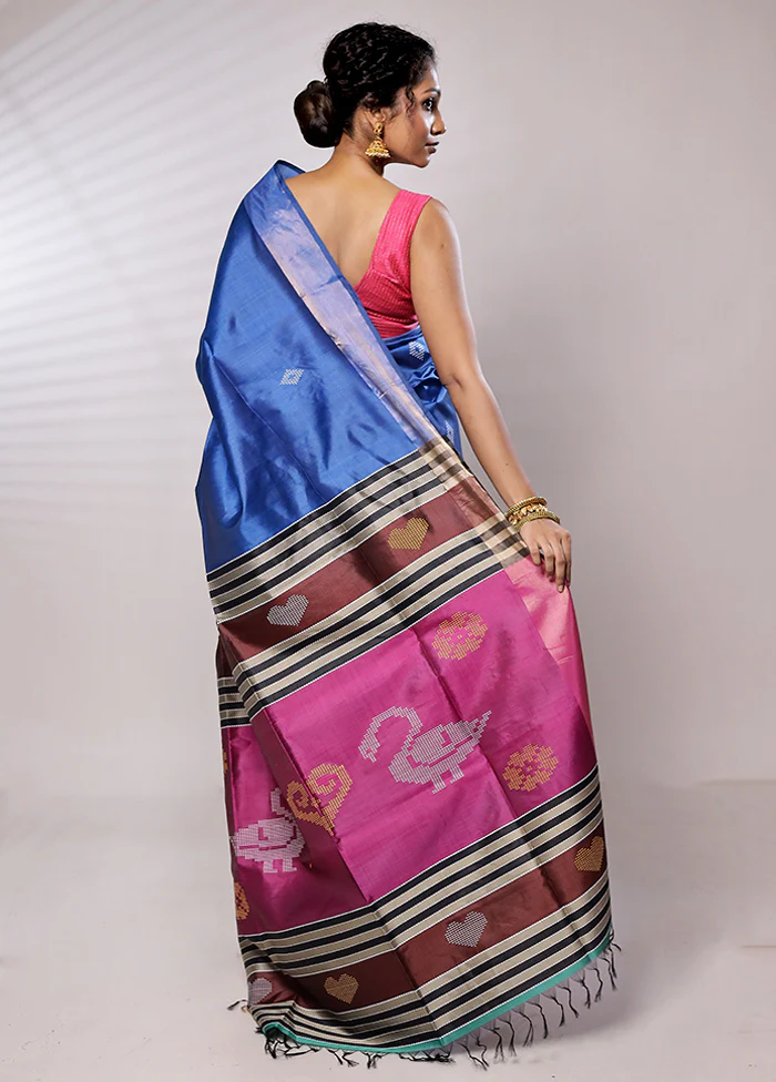 Blue Kalakshetra Silk Saree With Blouse Piece - Image 3