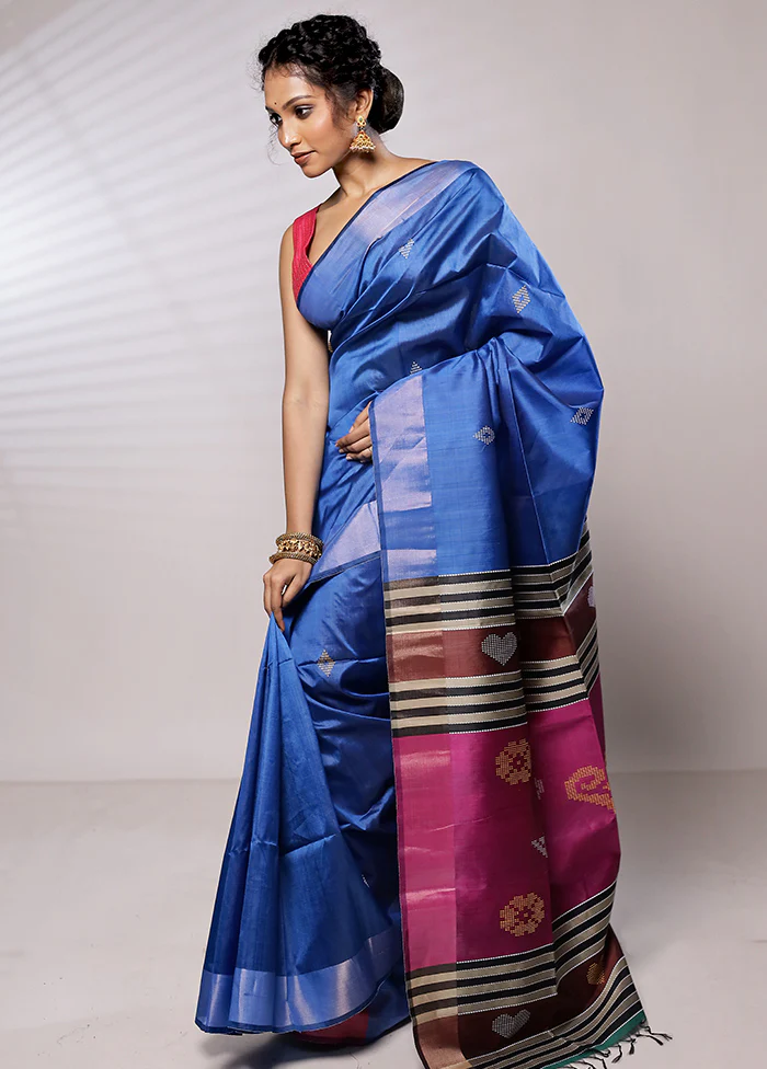 Blue Kalakshetra Silk Saree With Blouse Piece - Image 4