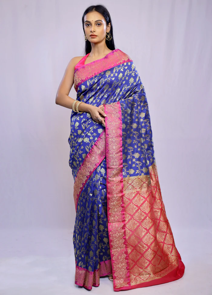 Blue Kanjivaram Silk Saree With Blouse Piece - Image 3