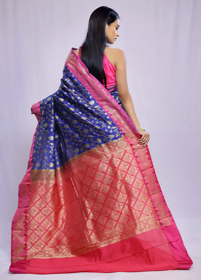 Blue Kanjivaram Silk Saree With Blouse Piece - Image 4