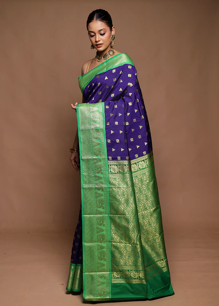 Blue Kanjivaram Silk Saree With Blouse Piece - Image 4