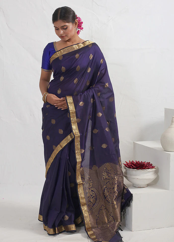 Blue Kanjivaram Silk Saree With Blouse Piece - Image 2