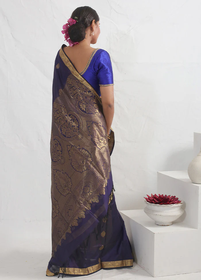 Blue Kanjivaram Silk Saree With Blouse Piece - Image 4