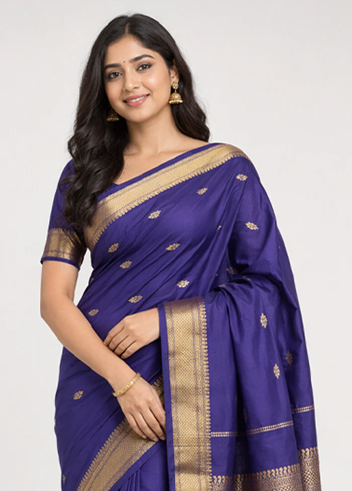 Blue Kanjivaram Silk Saree With Blouse Piece - Image 2