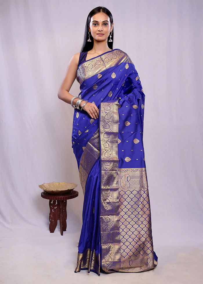 Blue Kanjivaram Silk Saree With Blouse Piece - Image 3