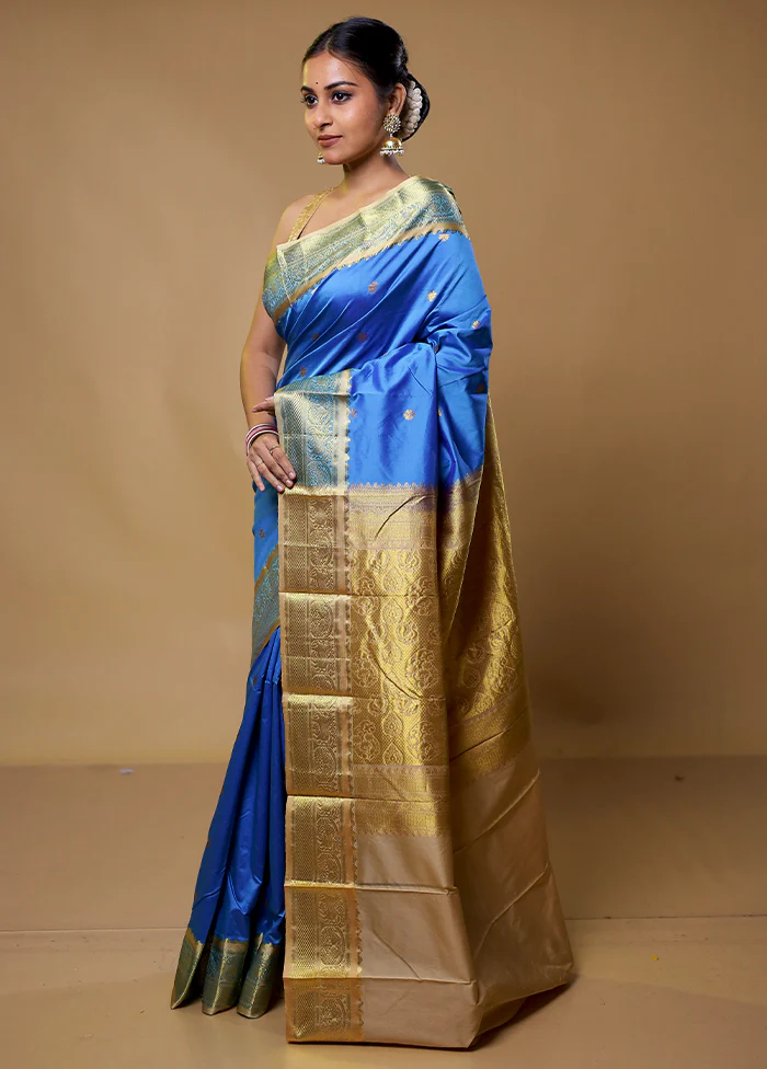 Blue Kanjivaram Silk Saree With Blouse Piece - Image 4