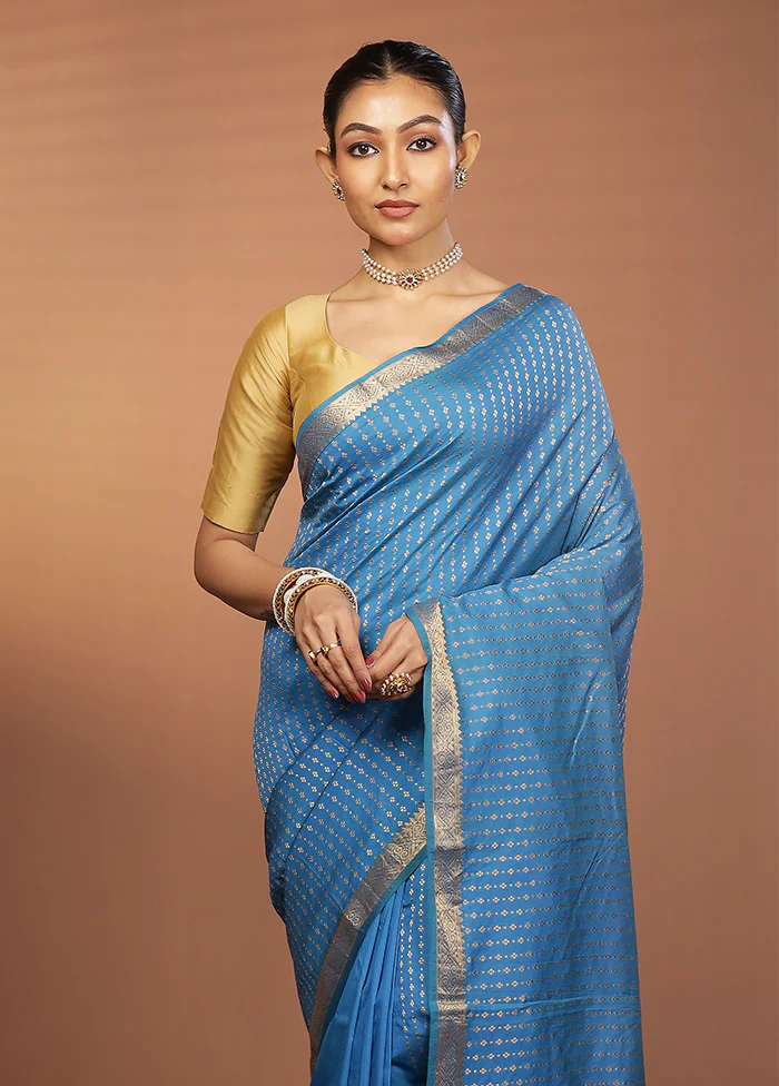 Blue Kanjivaram Silk Saree With Blouse Piece