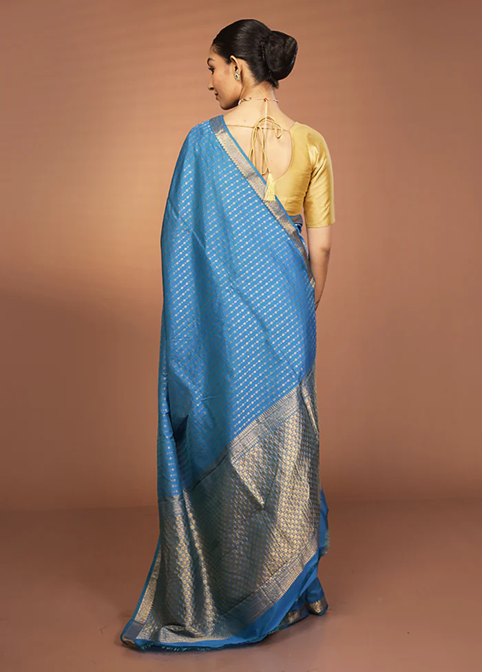 Blue Kanjivaram Silk Saree With Blouse Piece - Image 3