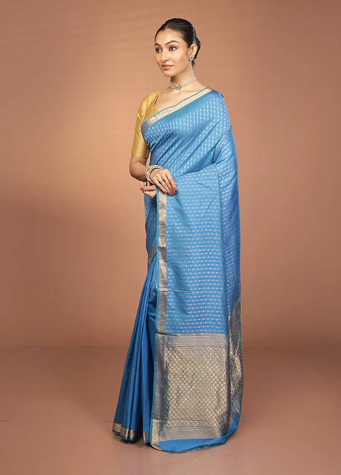 Blue Kanjivaram Silk Saree With Blouse Piece - Image 4
