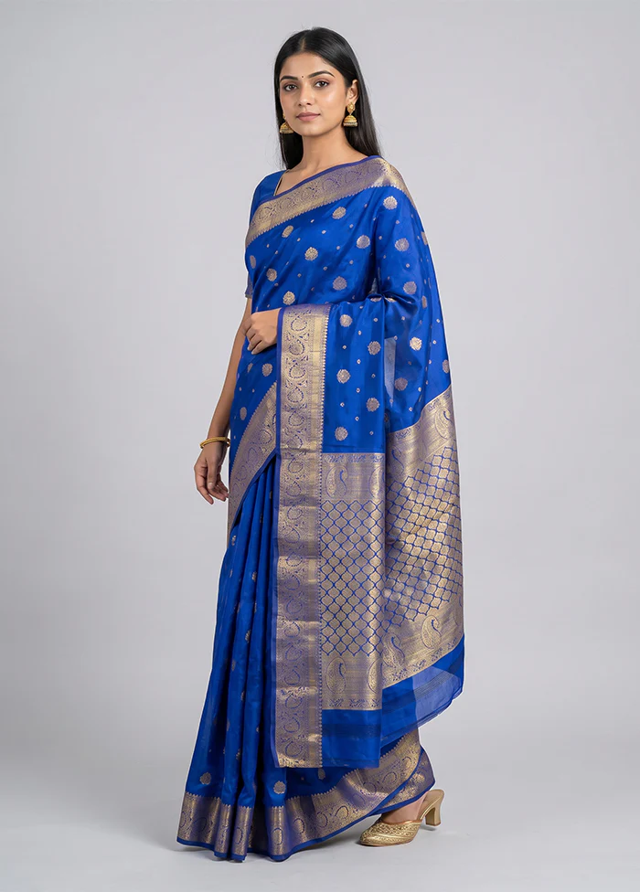 Blue Kanjivaram Silk Saree With Blouse Piece