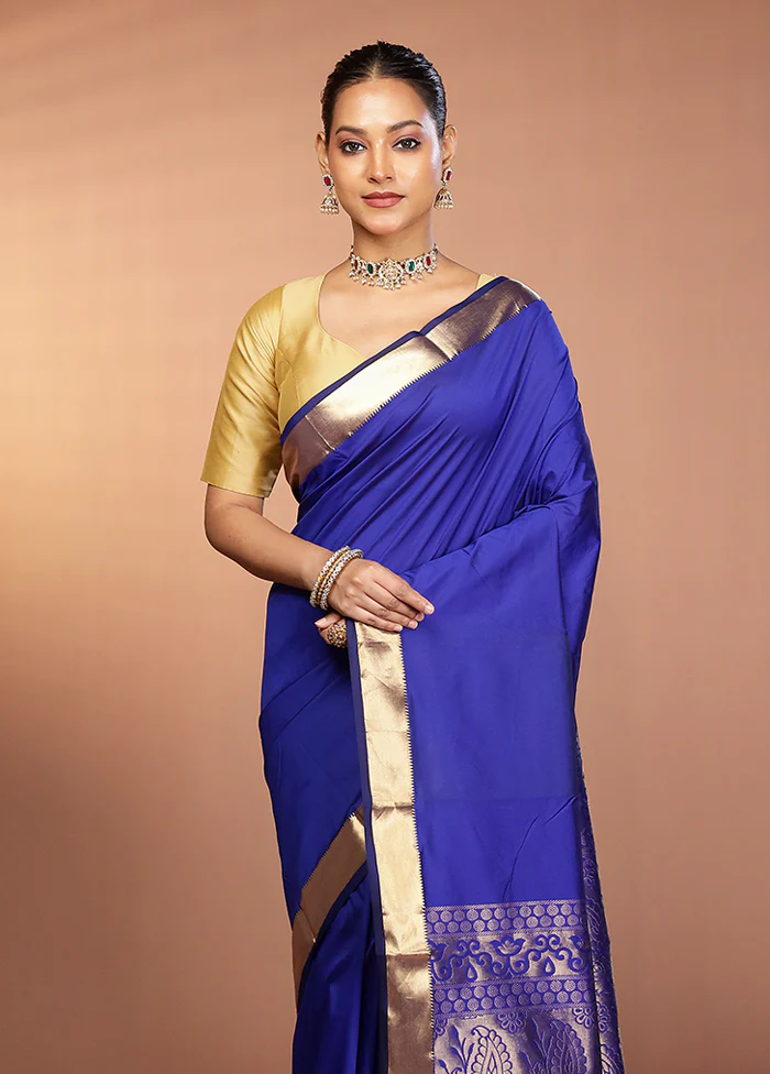 Blue Kanjivaram Silk Saree With Blouse Piece