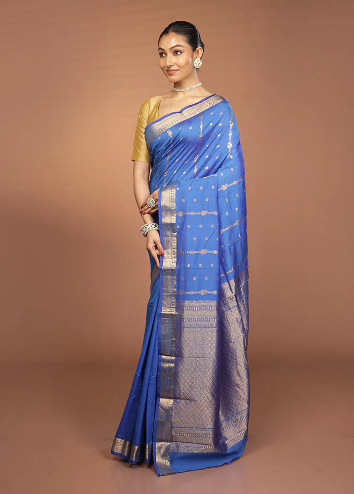 Blue Kanjivaram Silk Saree With Blouse Piece - Image 4