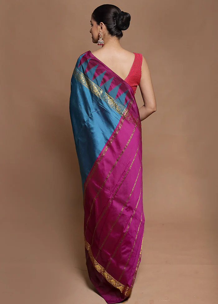 Blue Kanjivaram Silk Saree With Blouse Piece - Image 3