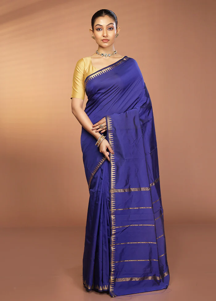 Blue Kanjivaram Silk Saree With Blouse Piece - Image 2
