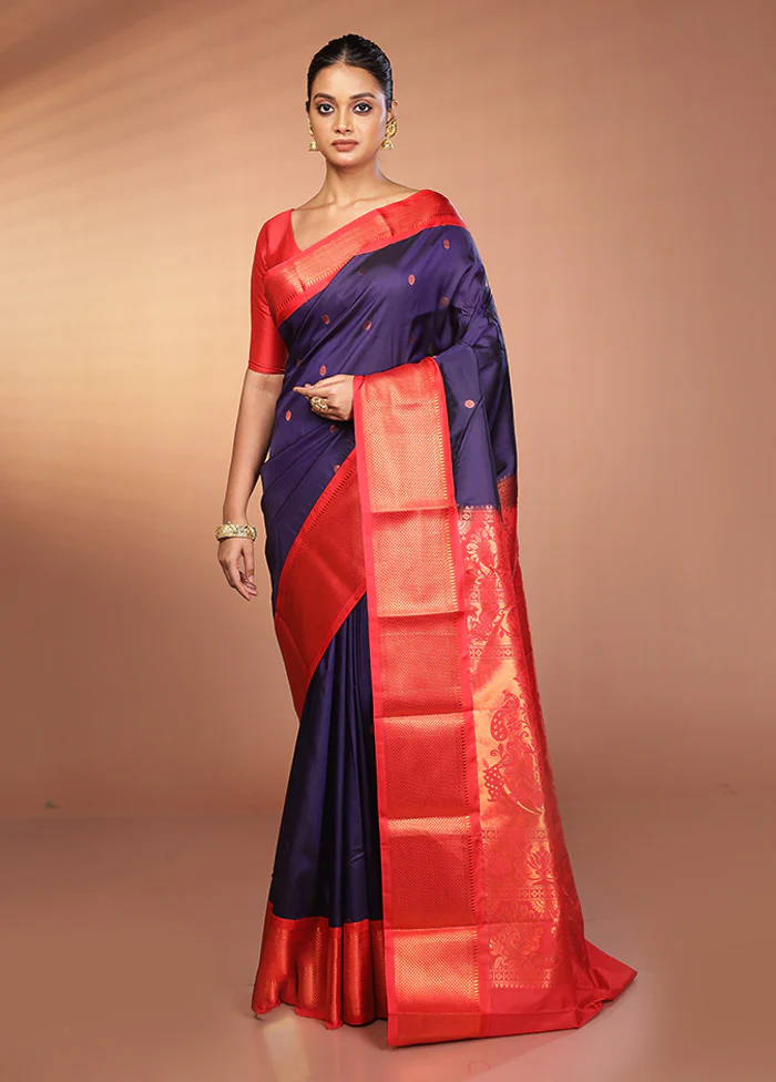 Blue Kanjivaram Silk Saree With Blouse Piece - Image 2