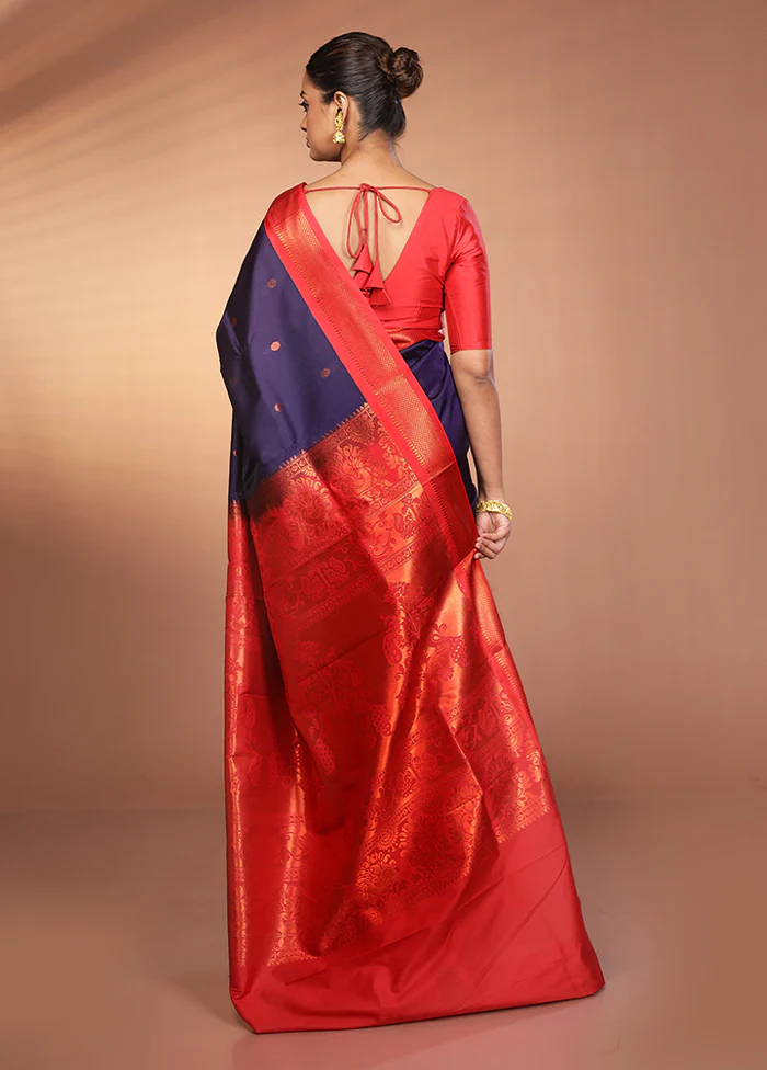 Blue Kanjivaram Silk Saree With Blouse Piece - Image 3