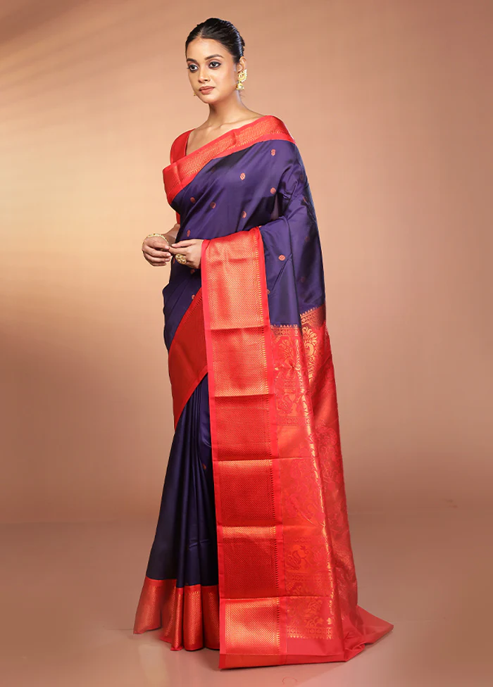Blue Kanjivaram Silk Saree With Blouse Piece - Image 4