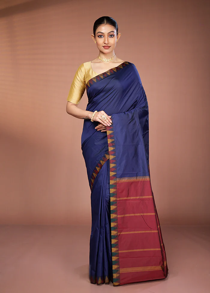 Blue Kanjivaram Silk Saree With Blouse Piece - Image 2