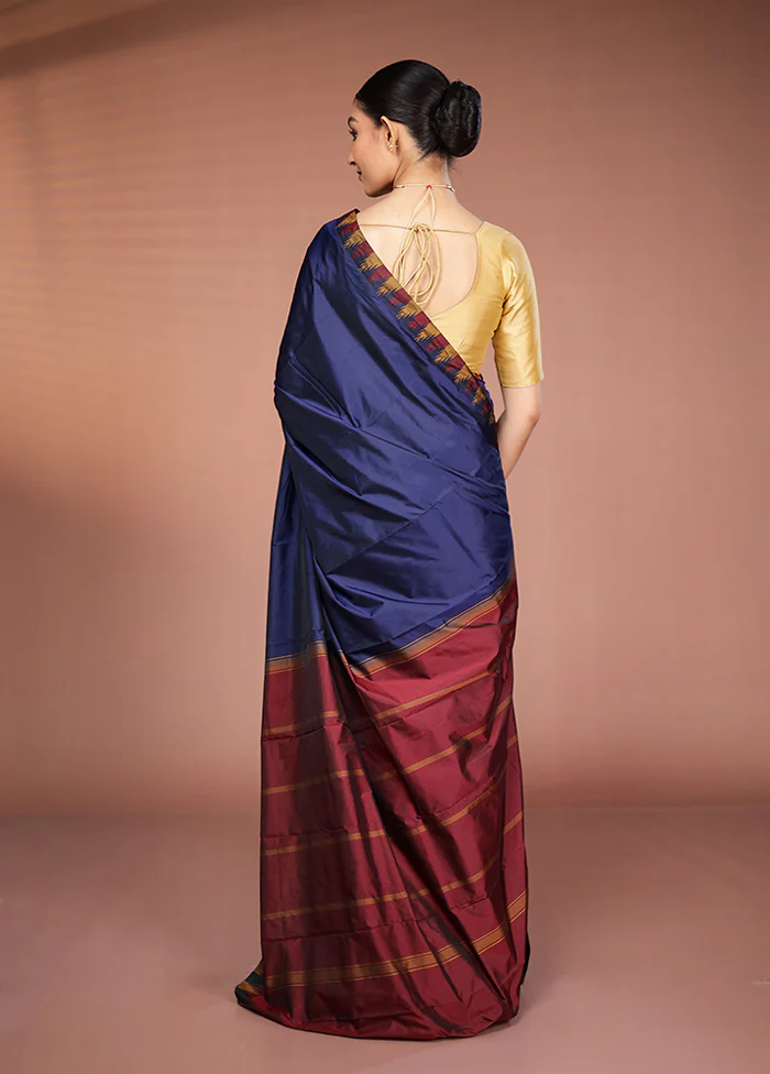 Blue Kanjivaram Silk Saree With Blouse Piece - Image 3