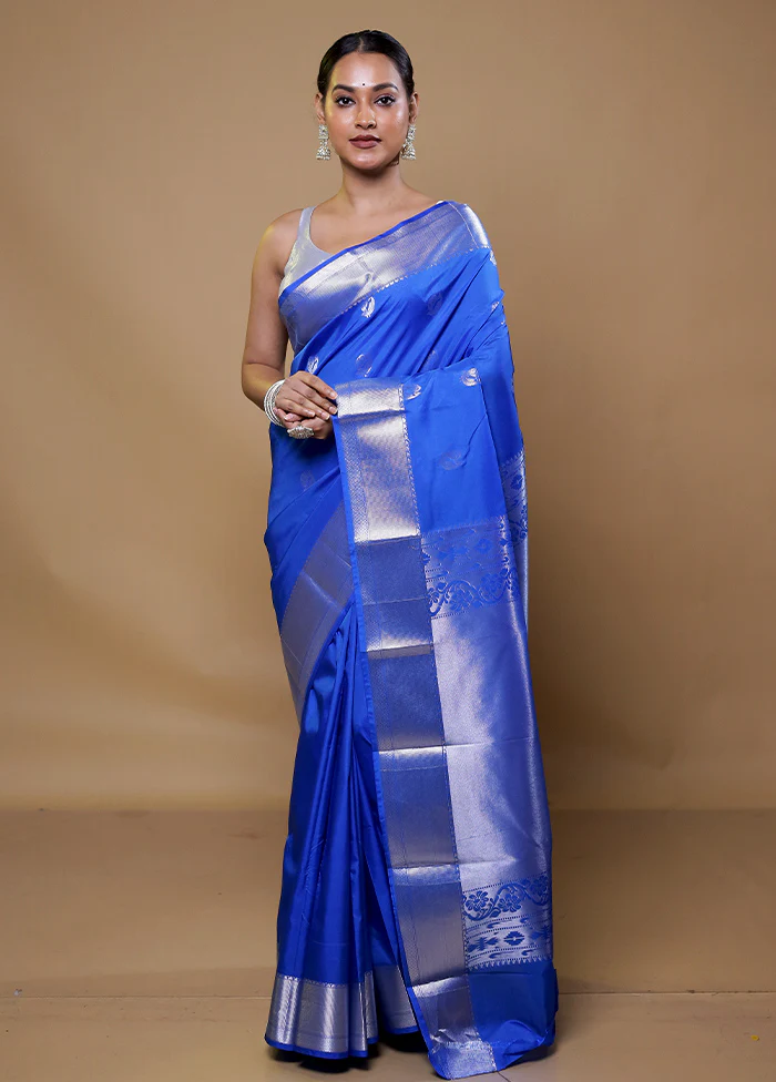 Blue Kanjivaram Silk Saree With Blouse Piece - Image 2