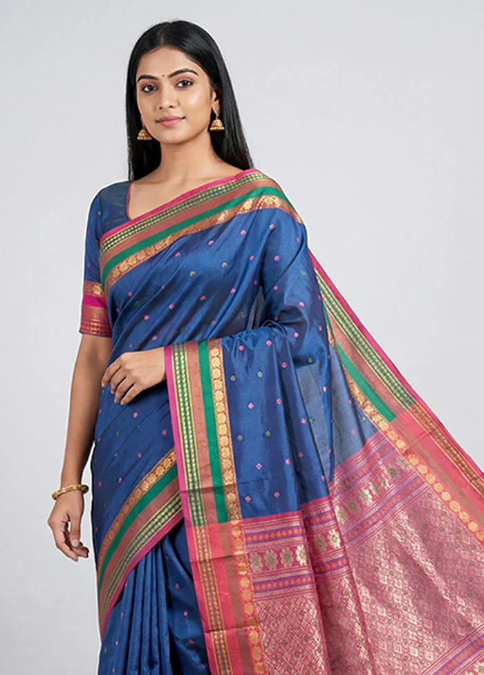 Blue Kanjivaram Silk Saree With Blouse Piece - Image 2