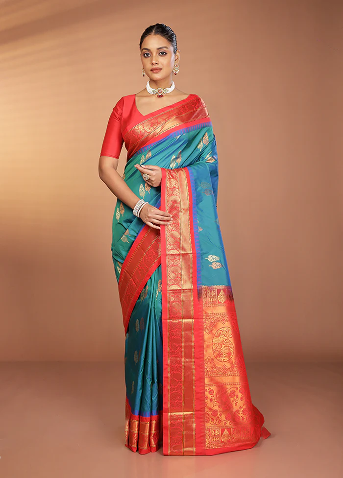 Blue Kanjivaram Silk Saree With Blouse Piece - Image 2