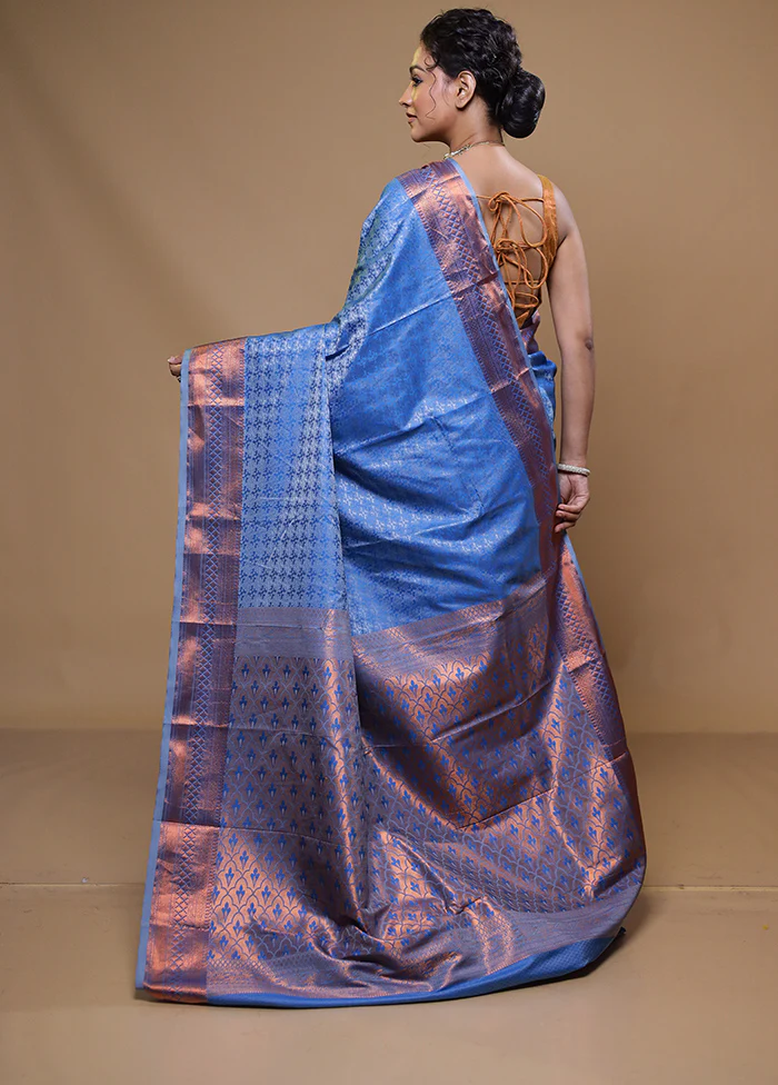 Blue Kanjivaram Silk Saree With Blouse Piece - Image 3