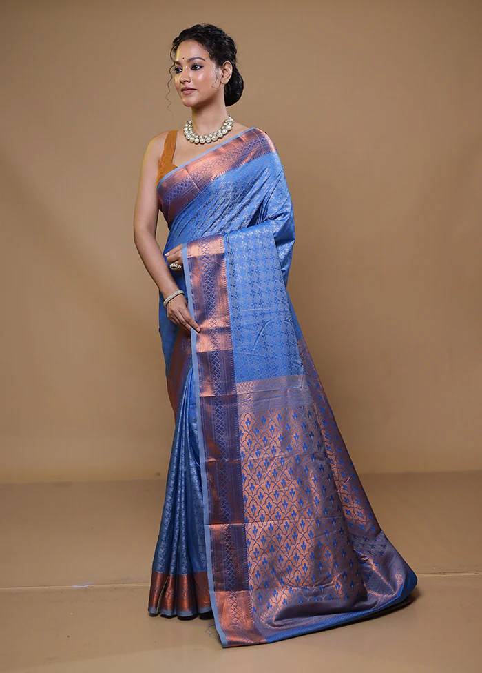 Blue Kanjivaram Silk Saree With Blouse Piece - Image 4