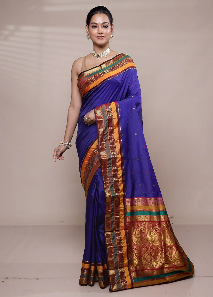 Blue Kanjivaram Silk Saree With Blouse Piece - Image 2