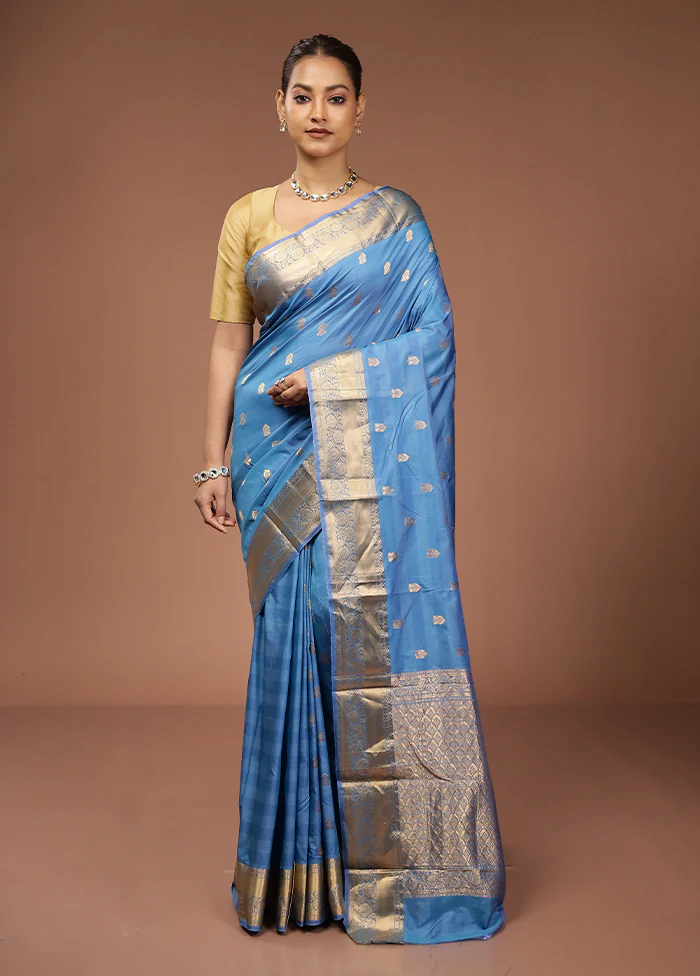 Blue Kanjivaram Silk Saree With Blouse Piece - Image 2